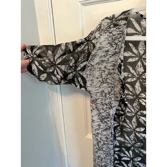 Eldior Sodeok Design Duster Kimono Women's OS Black White Floral Print Long Line - Picture 3 of 15